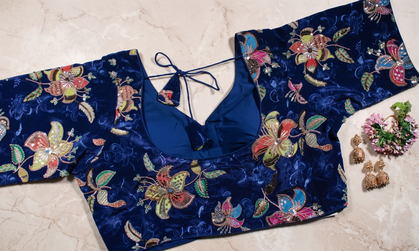 Royal Blue Velvet Floral Embroidered Blouse with Sweetheart Neck