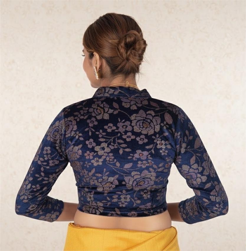Navy Blue Velvet Blouse with Floral Prints