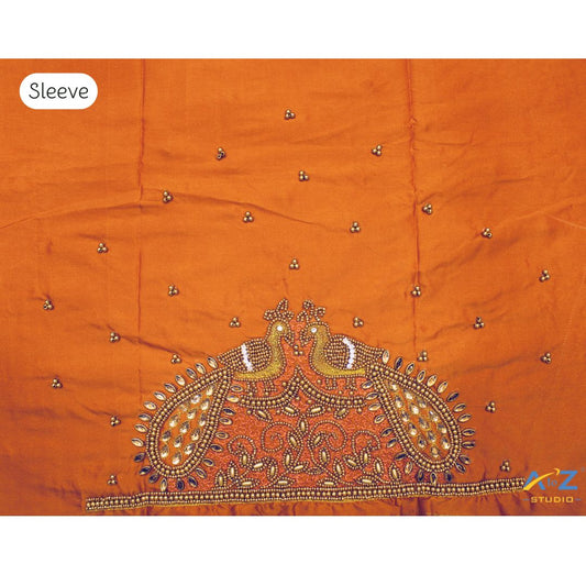 Orange Maggam Work Blouse Sleeve with Twin Peacock Design – Latest Bridal Sleeve Embroidery 2025