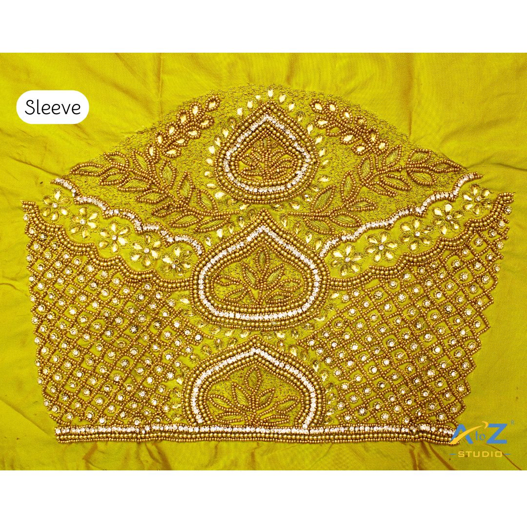 Yellow Maggam Work Blouse Sleeve with Zardosi and Stone Embroidery – Latest Bridal Sleeve Design 2025