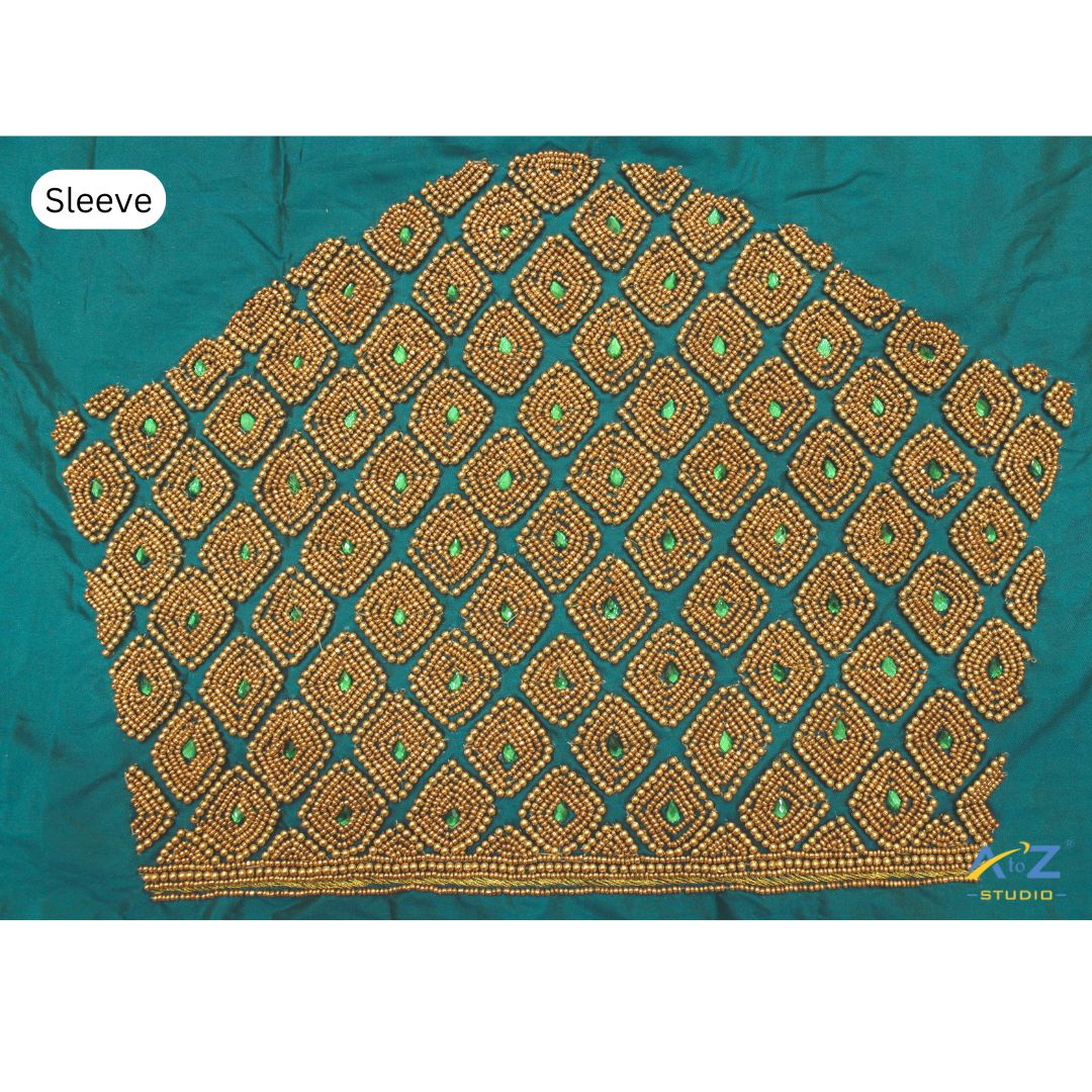 Teal Green Maggam Work Blouse Sleeve with Diamond Bead Embroidery – Trending Bridal Blouse Design 2025