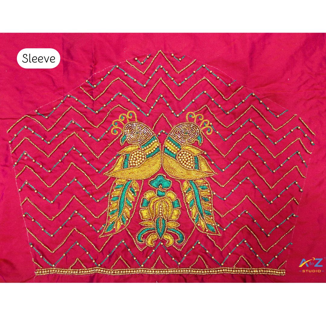 Magenta Pink Parrot Embroidery Sleeve Design for Unstitched Blouse
