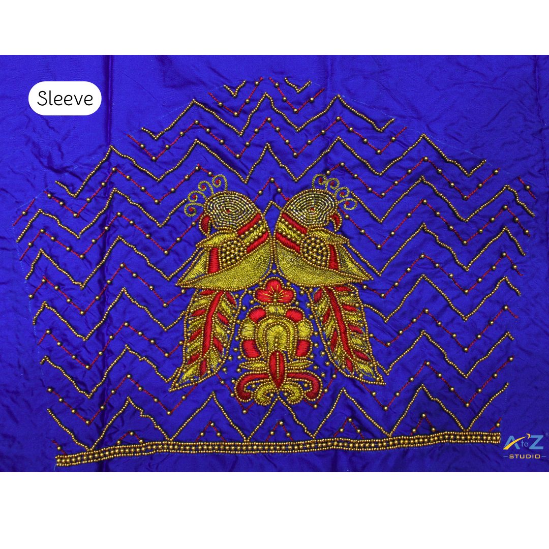 Royal Blue Parrot Embroidery Sleeve Design for Unstitched Blouse