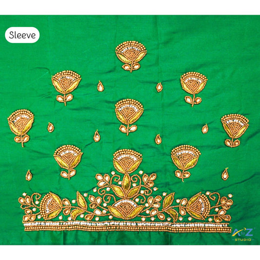 Exquisite Sleeve Embroidery Design for Unstitched Blouse – Green Silk with Stone and Bead Work
