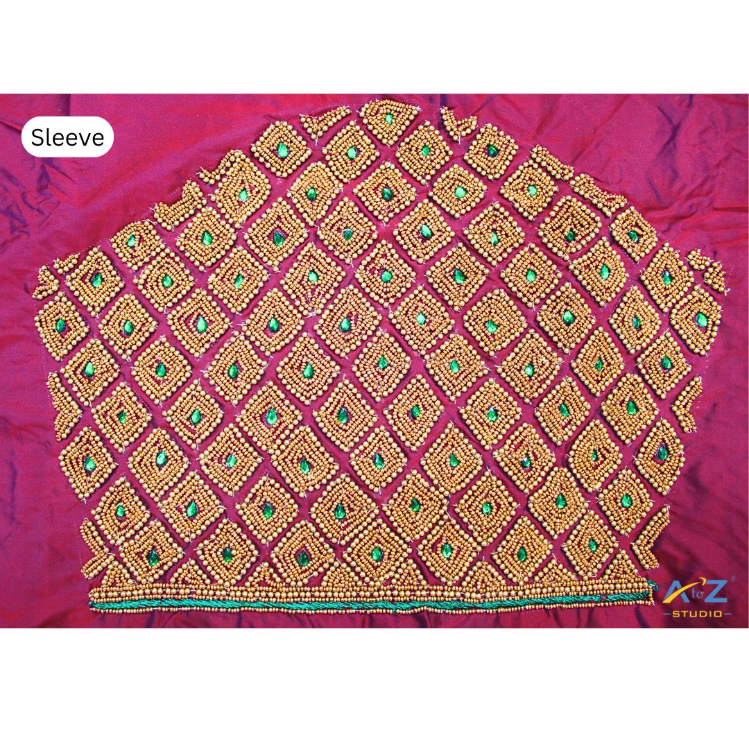 Maroon Maggam Work Blouse Sleeve with Green Stone Embroidery – Perfect for Bridal & Festive Wear