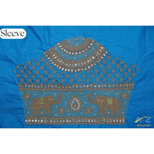 Royal Blue Aari Work Blouse Sleeve Design – Elephant Motif Embroidery by A to Z Studio