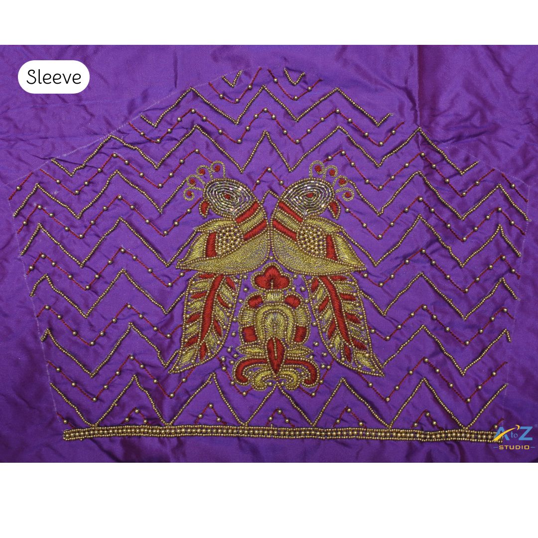 Royal Purple Parrot Sleeve Embroidery Design for Unstitched Blouse