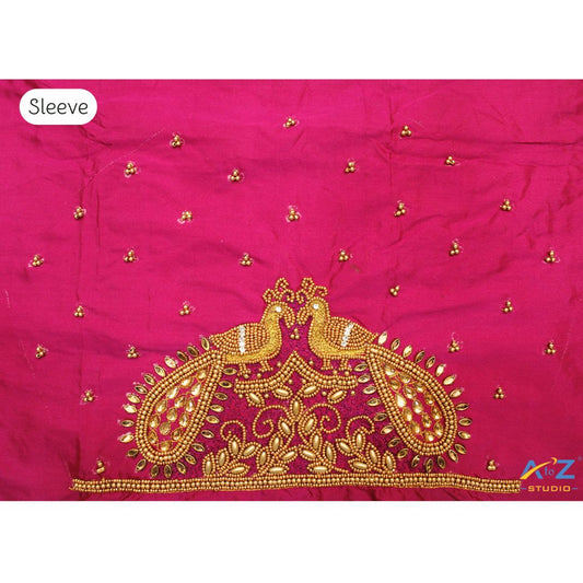 Magenta Maggam Work Blouse Sleeve with Twin Peacock Embroidery – Latest Bridal Blouse Design 2025