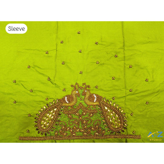 Parrot Green Maggam Work Blouse Sleeve with Twin Peacock Embroidery – Latest Bridal Blouse Design 2025
