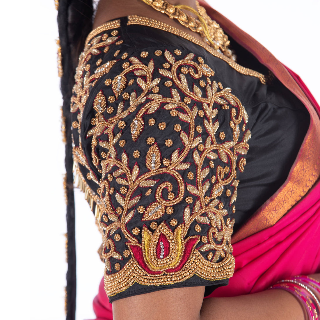 Elegant Black and Gold Embroidered Blouse Sleeve Design – Perfect for Bridal & Festive Sarees