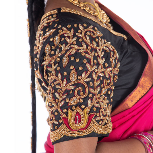 Elegant Black and Gold Embroidered Blouse Sleeve Design – Perfect for Bridal & Festive Sarees