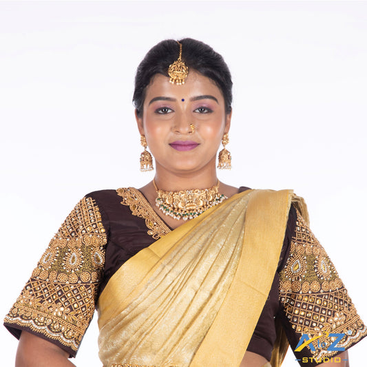 Golden Aari Work Blouse for Reception Looks