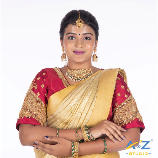 Classic Red Aari Blouse with Moti and Cutdana Work