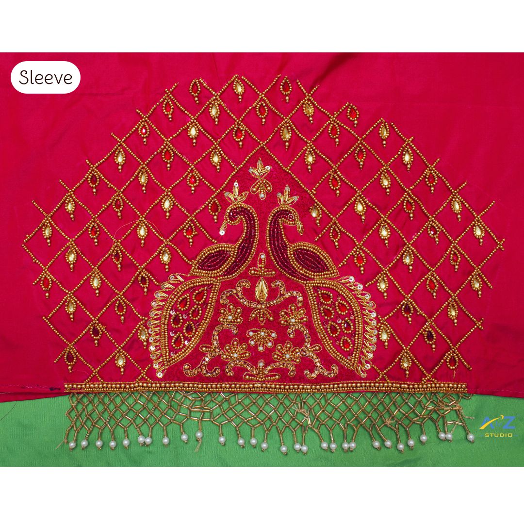 Gorgeous Red Maggam Work Blouse Sleeve with Double Peacock Design