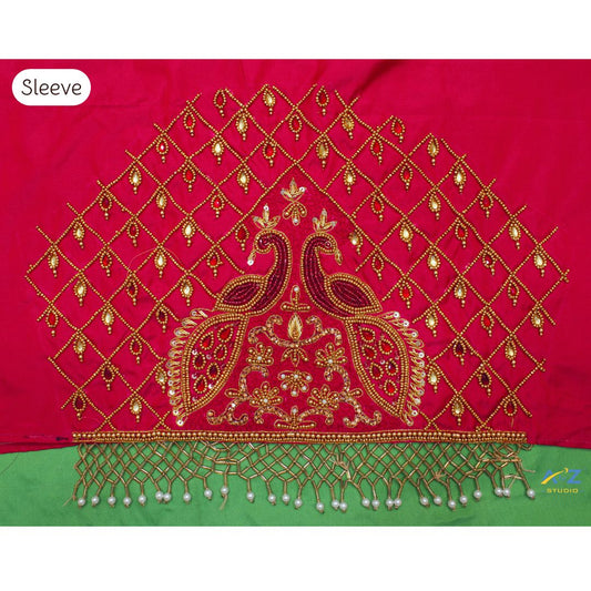Gorgeous Red Maggam Work Blouse Sleeve with Double Peacock Design
