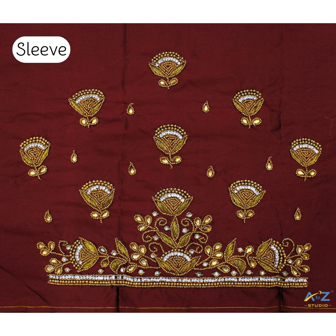 Elegant Maroon Blouse Sleeve Design with Golden Bead and Stone Embroidery