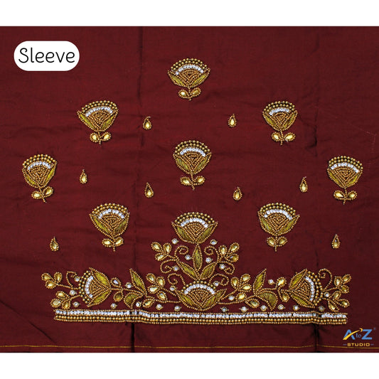 Elegant Maroon Blouse Sleeve Design with Golden Bead and Stone Embroidery