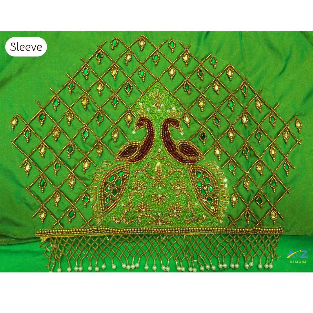 Elegant Green Maggam Work Blouse Sleeve with Double Peacock Motif
