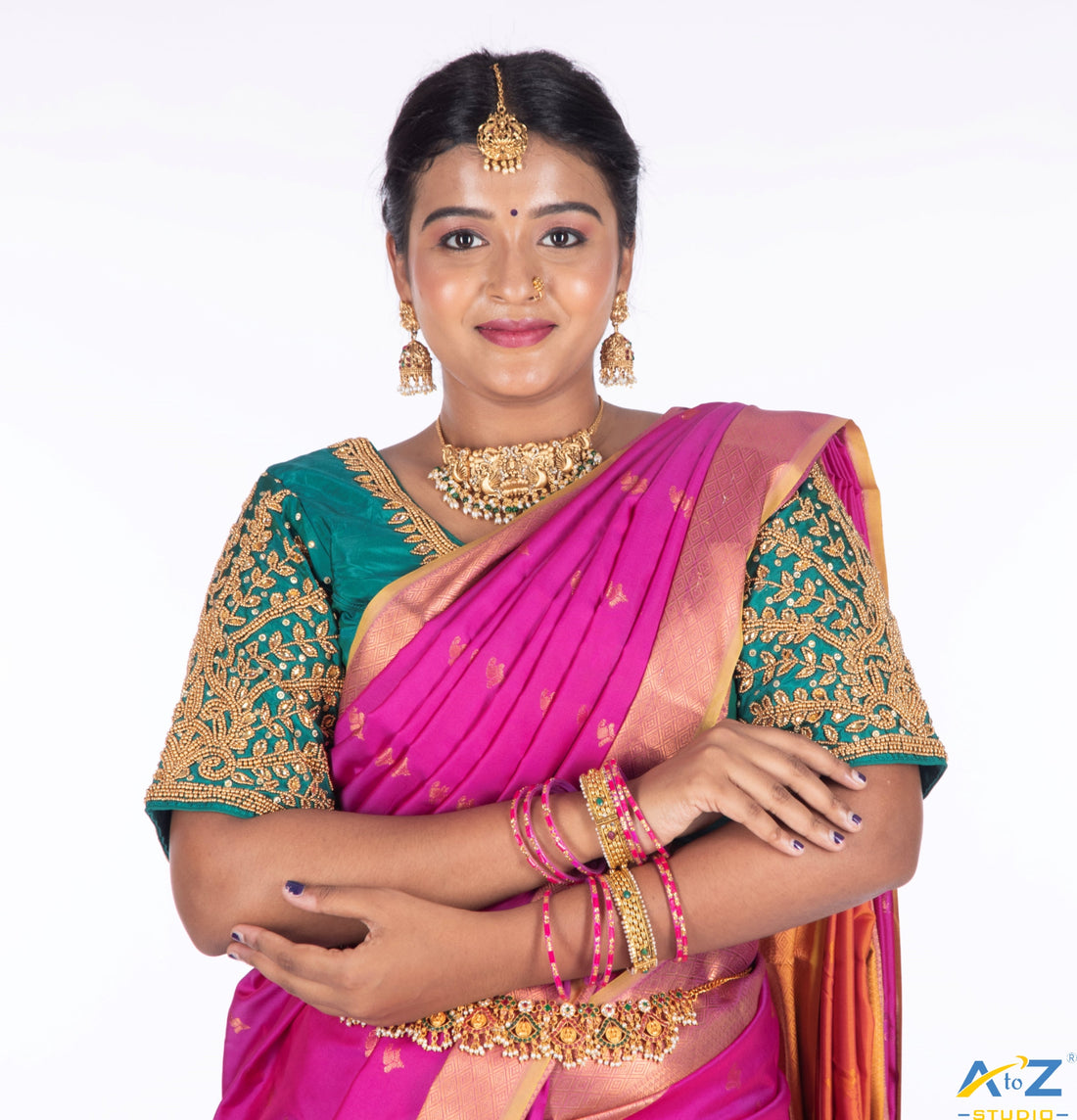 Majestic Charm: Dark Rama Green Bridal Blouse Design by A to Z Studio