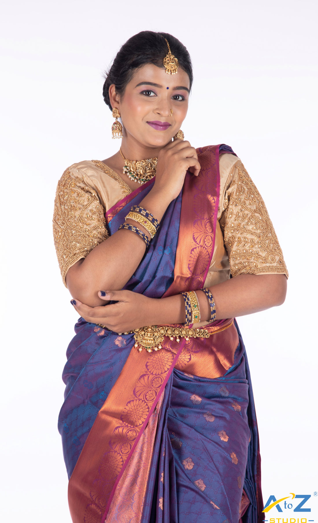 Regal Radiance: Golden Green Bridal Blouse Design by A to Z Studio