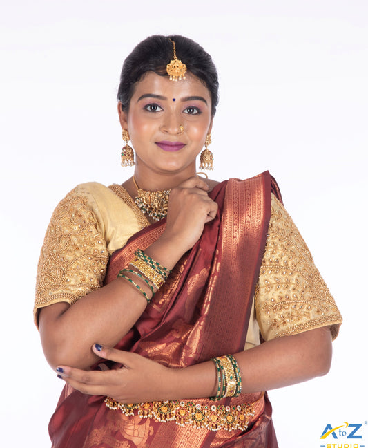 Radiant Charm: Tissue Light Gold Bridal Blouse Design by A to Z Studio