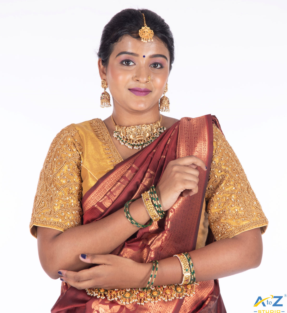 Glimmering Elegance: Tissue Gold Bridal Blouse Design by A to Z Studio