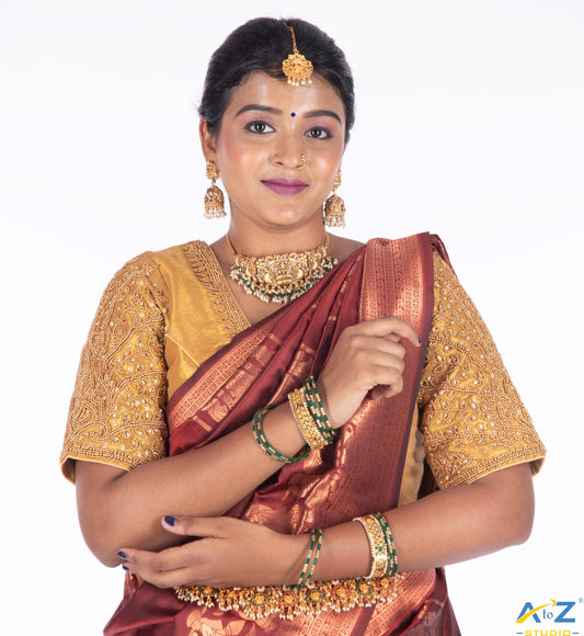 Glimmering Elegance: Tissue Gold Bridal Blouse Design by A to Z Studio