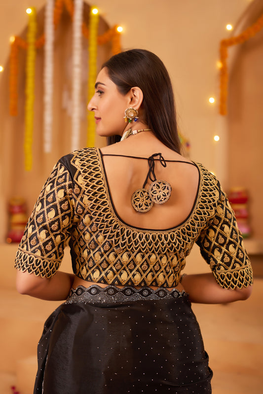 Unique Black Blouse with Floral Motifs and Criss-Cross Sleeve Embroidery in Aari Fusion Work
