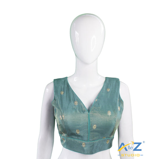 Dark Aqua V-Neck Brocade Blouse