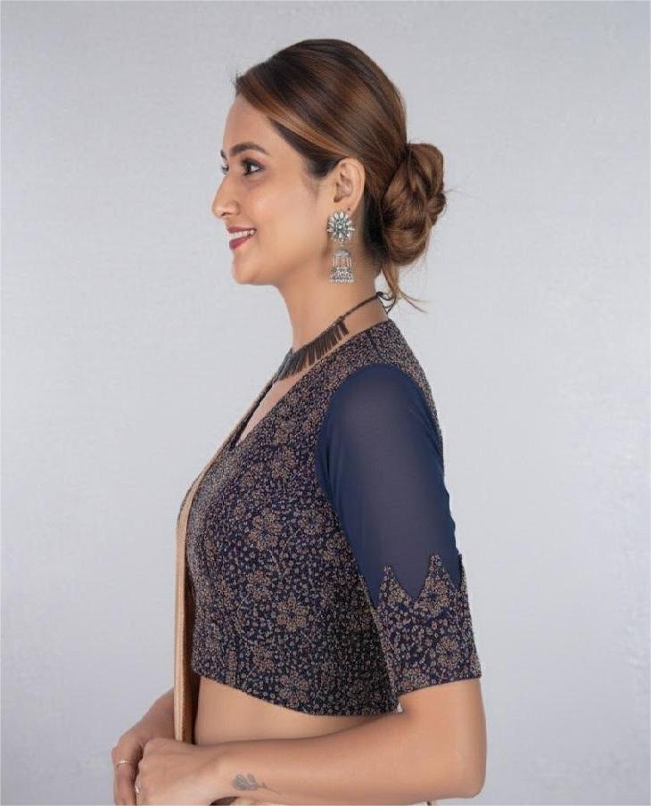 Navy Blue Tissue Lycra Blouse with Multi-Color Jeri Design