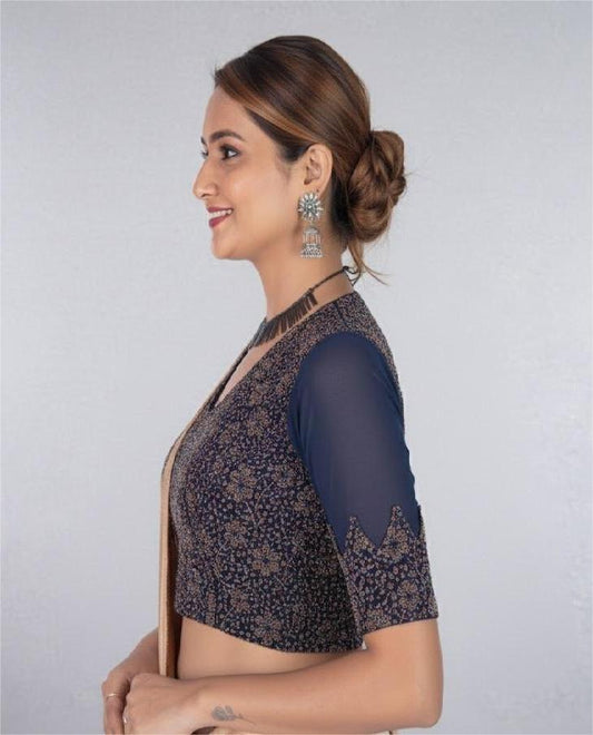 Navy Blue Tissue Lycra Blouse with Multi-Color Jeri Design