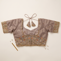 Multicolor Botanical Threadwork & Zari Embroidered Lehenga Blouse in Ash Taupe