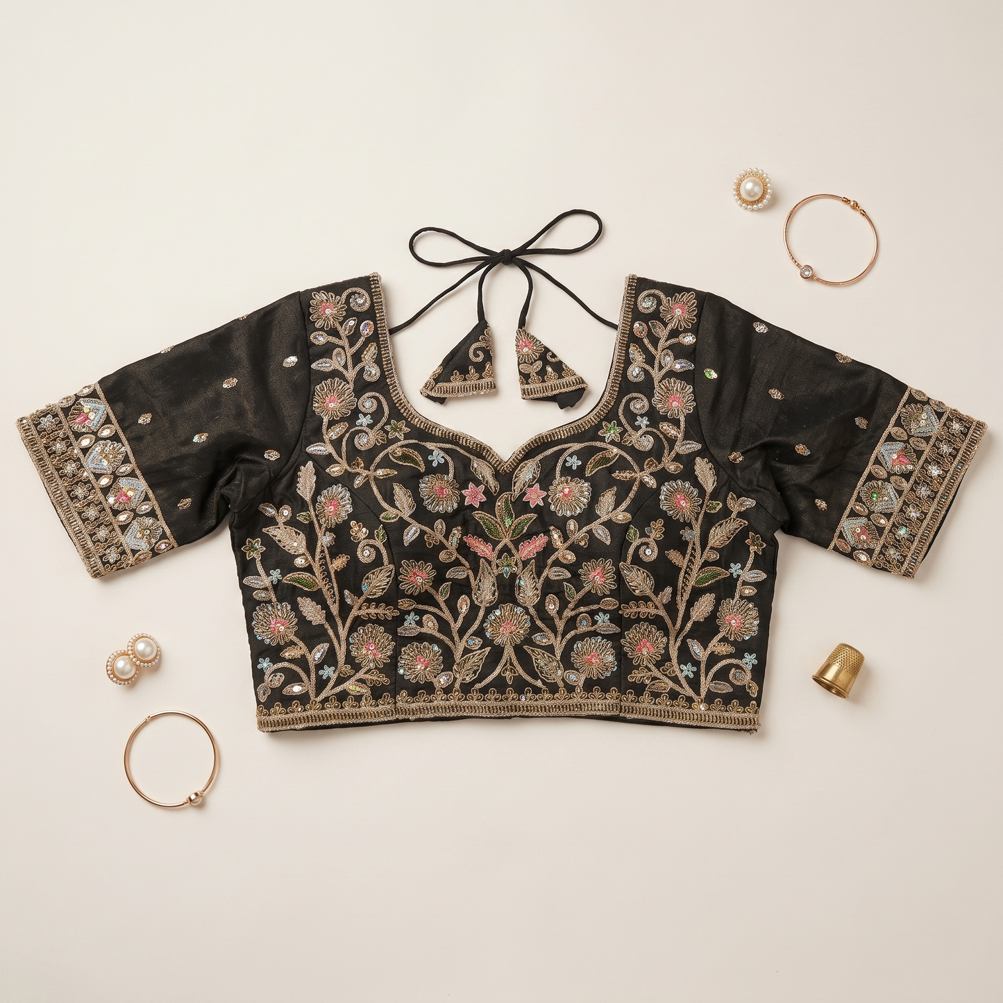 Multicolor Botanical Threadwork & Zari Embroidered Lehenga Blouse in Black Taupe