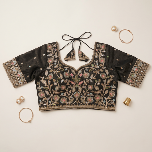 Multicolor Botanical Threadwork & Zari Embroidered Lehenga Blouse in Black Taupe