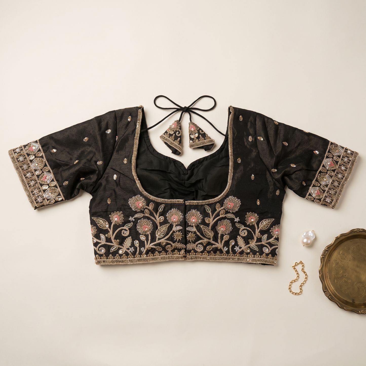 Multicolor Botanical Threadwork & Zari Embroidered Lehenga Blouse in Black Taupe
