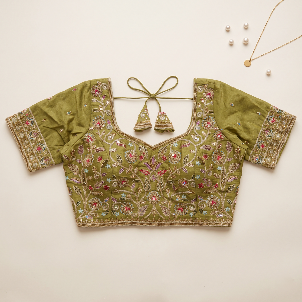 Multicolor Botanical Threadwork & Zari Embroidered Lehenga Blouse in Green Taupe