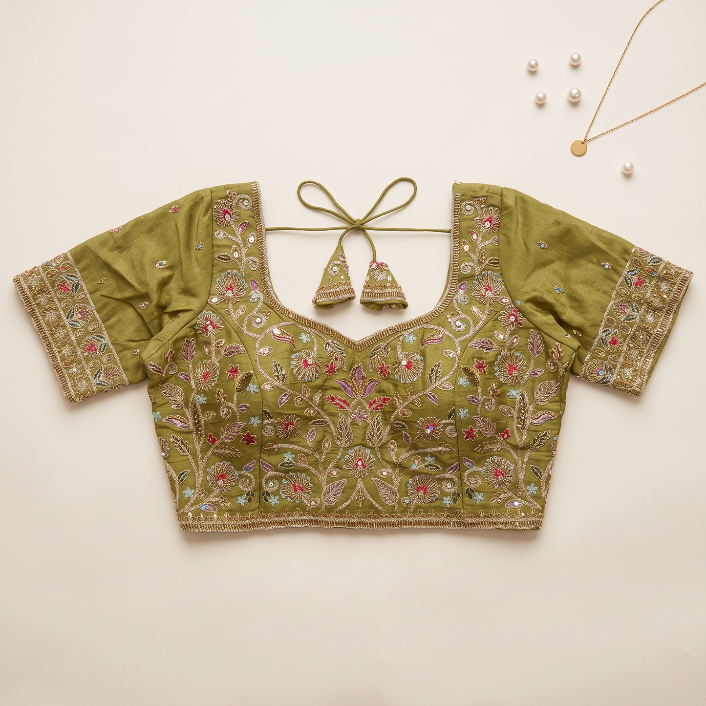 Multicolor Botanical Threadwork & Zari Embroidered Lehenga Blouse in Green Taupe