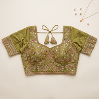 Multicolor Botanical Threadwork & Zari Embroidered Lehenga Blouse in Green Taupe