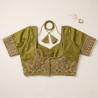 Multicolor Botanical Threadwork & Zari Embroidered Lehenga Blouse in Green Taupe