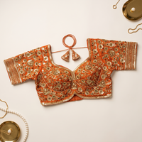 Rust Orange Hand-Embroidered Sequin & Zardozi Sweetheart Blouse