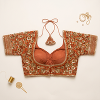 Rust Orange Hand-Embroidered Sequin & Zardozi Sweetheart Blouse