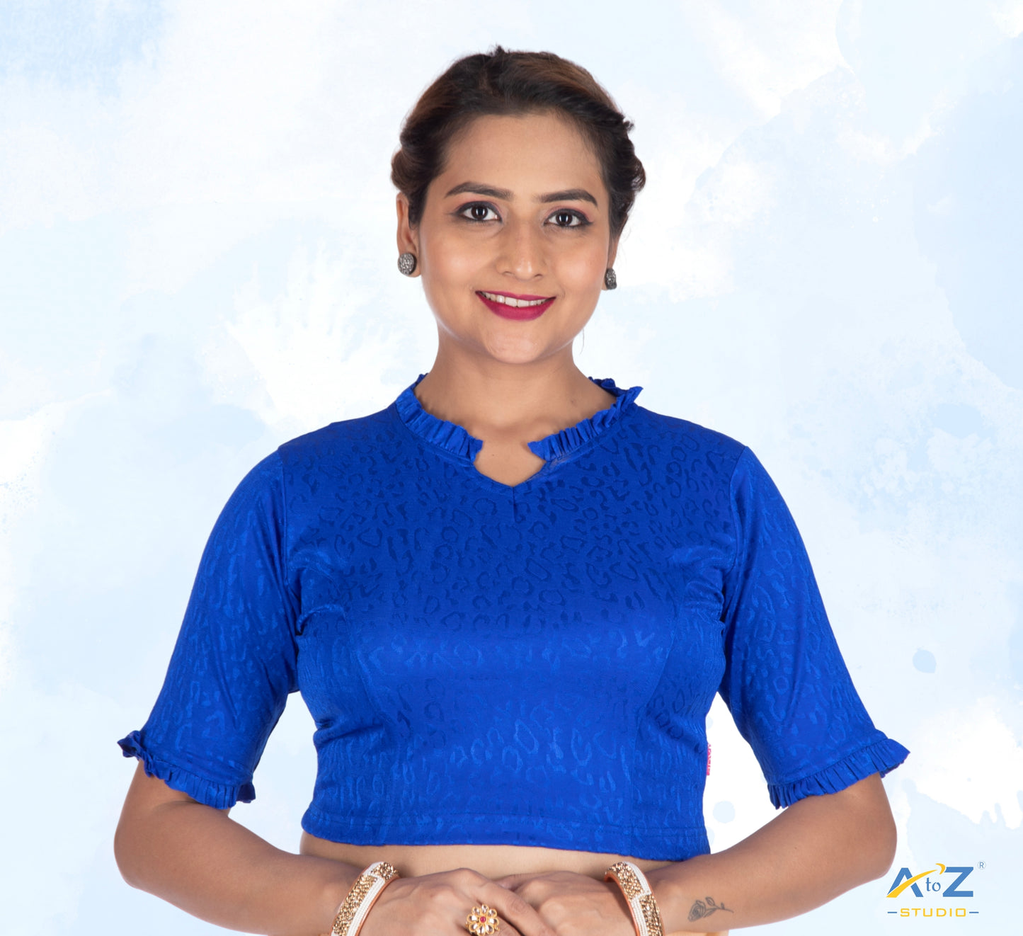 Royal Blue Cotton Lycra Blouse with Cheetah Design