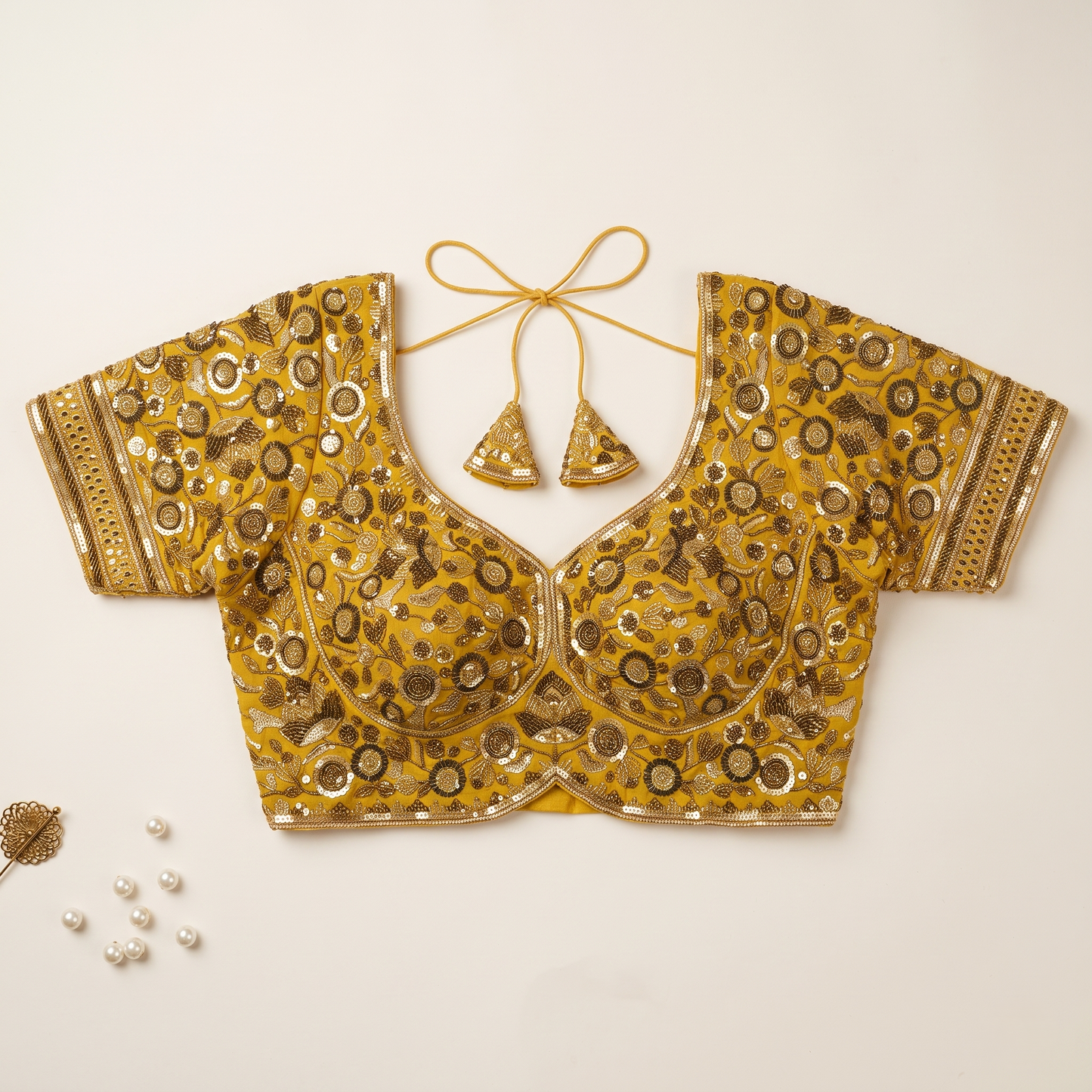 G Yellow Hand-Embroidered Sequin & Zardozi Sweetheart Blouse