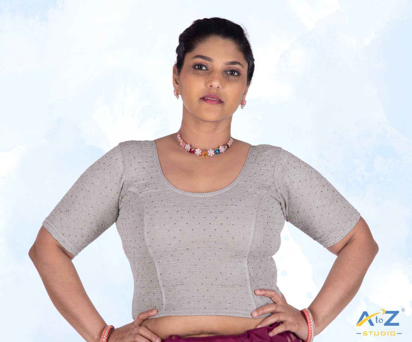 Grey Crush Fabric Tissue Stone Work Blouse