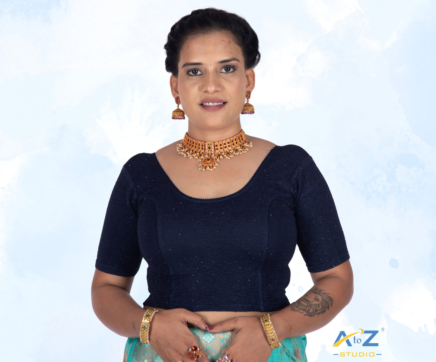 Navy Blue  Crush Fabric Tissue Stone Work Blouse