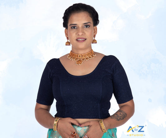 Navy Blue  Crush Fabric Tissue Stone Work Blouse