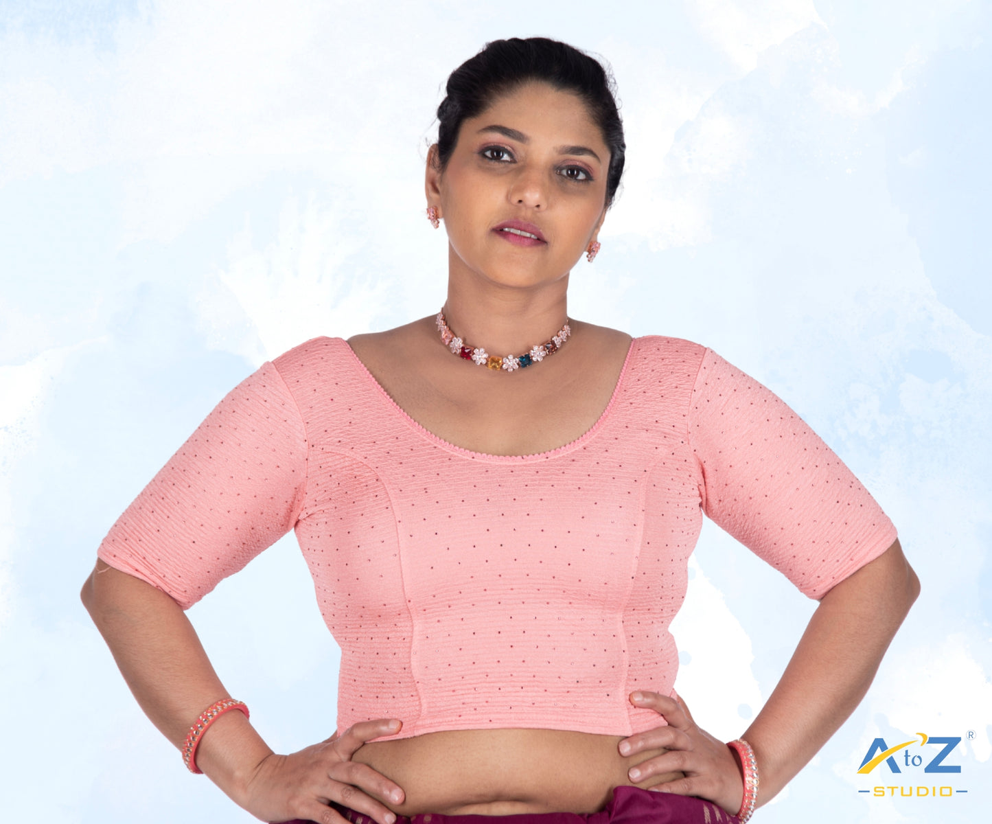 Peach  Crush Fabric Tissue Stone Work Blouse