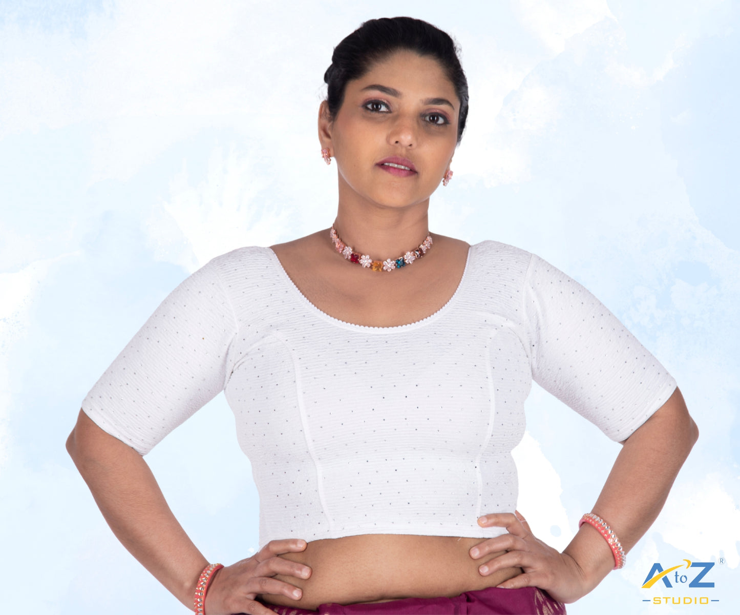 White Crush Fabric Tissue Stone Work Blouse