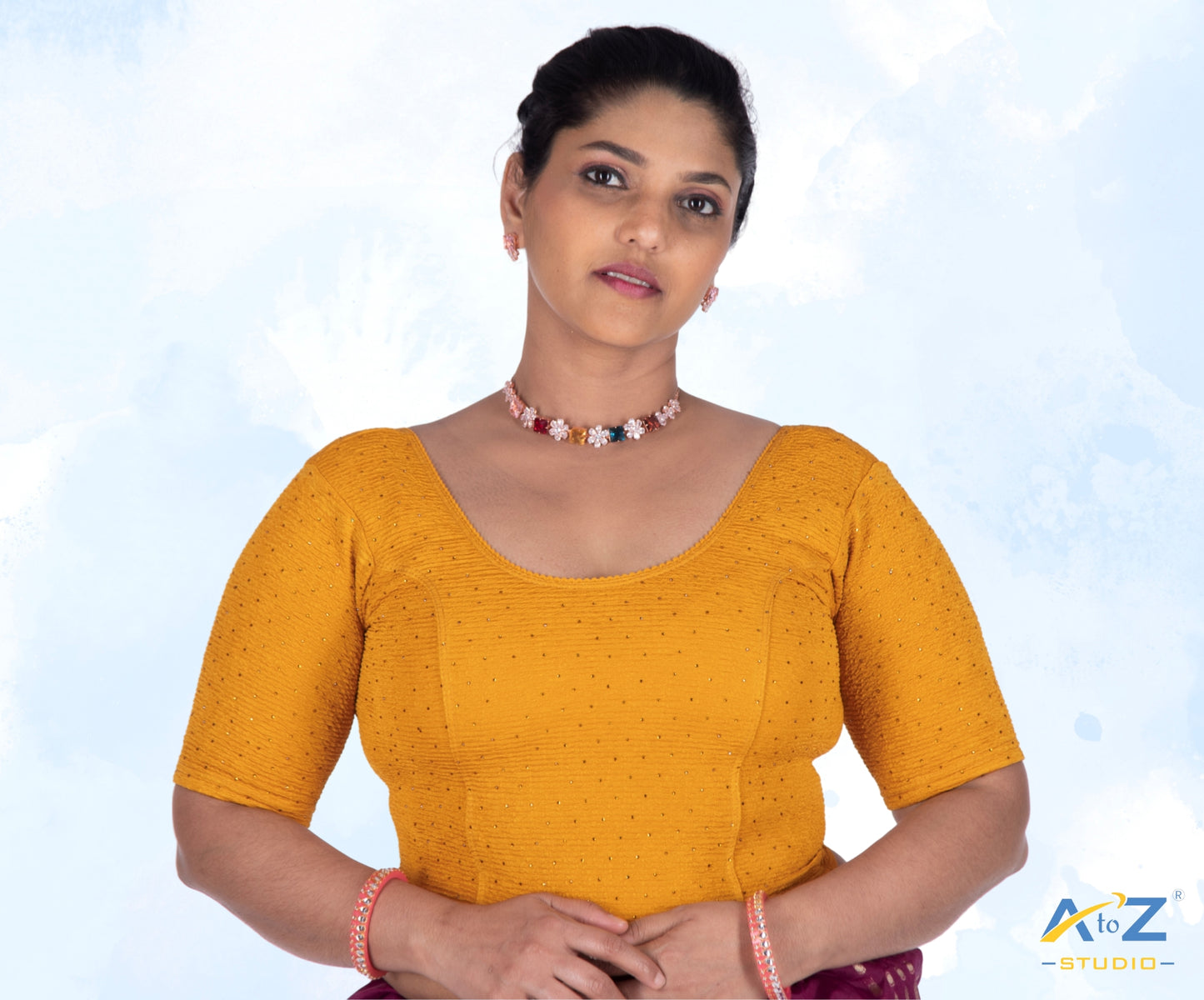 Yellow Crush Fabric Tissue Stone Work Blouse