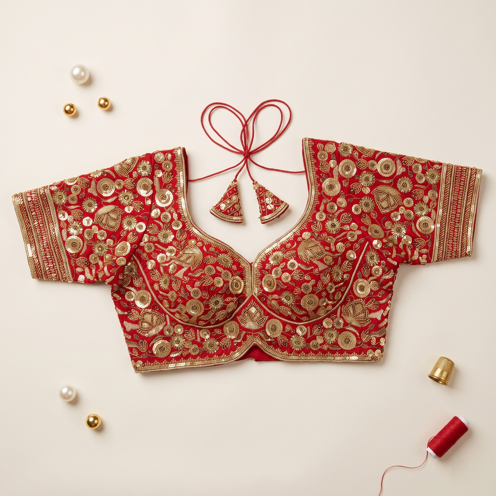 Red Hand-Embroidered Sequin & Zardozi Sweetheart Blouse